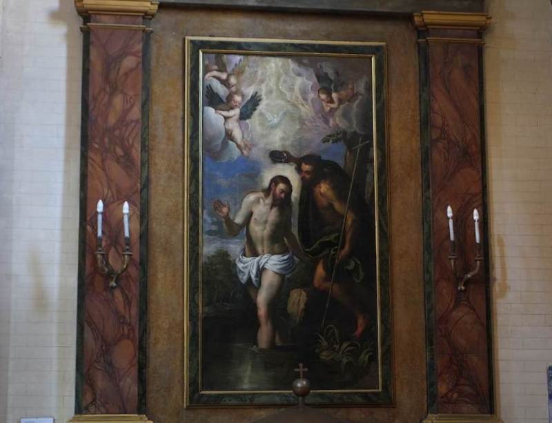 Battesimo di Gesù, dipinto da Palma il Giovane (Jacopo Negretti 1548 –1628) nell'Abbazia Santa Maria di Castagnola a Chiaravalle