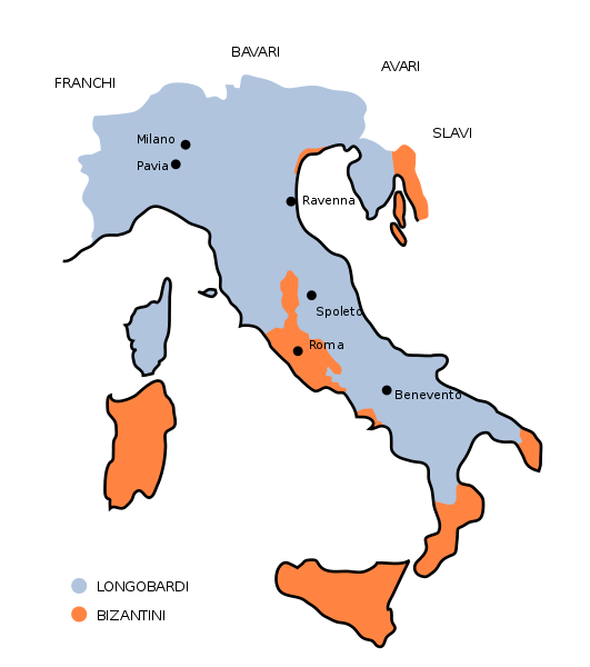 La massima estensione dei domini longobardi (in azzurro) dopo le conquiste di Astolfo (751)