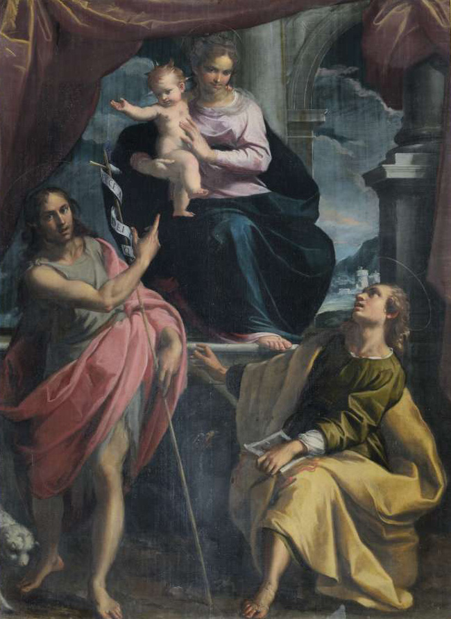 Madonna col Bambino e i Santi Giovanni Battista ed Evangelista, Ridolfi quarto altare a dx, chiesa di Sant'Agostino a Mondolfo