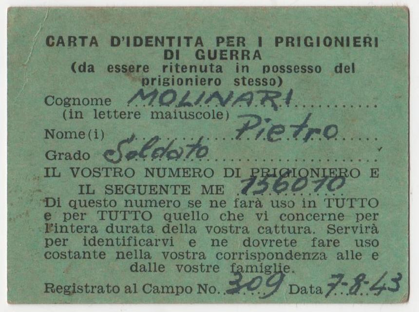 Molinari Pietro POW 156010, Campo 309, Kassassin, Egitto
